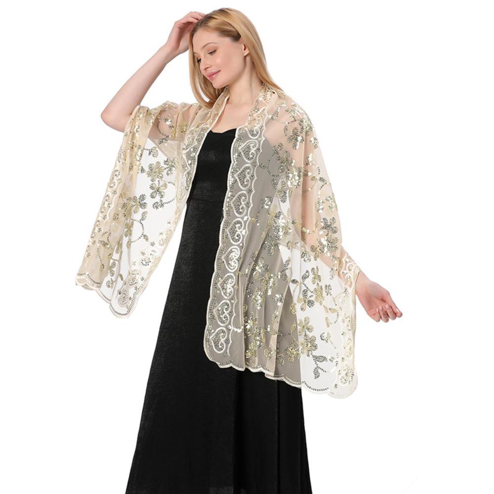 Sheer Embroidery Sequins Shawls Tulle Belly Dancing Scarf Shiny Tassel Wrap for Girl