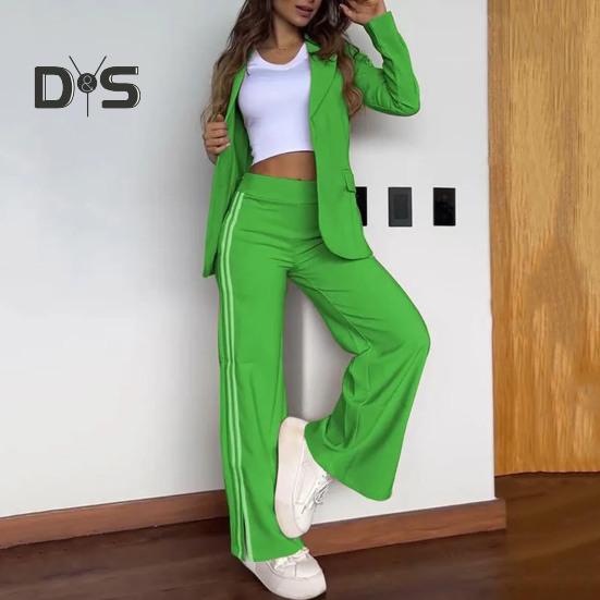 Комплект из 2 предметов: пальто и брюки для леди, отложной воротник, длинные рукава, свободные полосатые брюки с широкими штанинами, повседневная одежда для поездок на работу