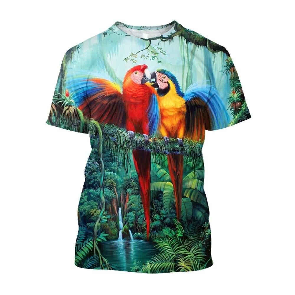 Jumeast 3D Rainforest Scarlet Macaw Printed Men T-shirts Grunge Y2K Unisex Baggy T Shirt 2000s Aesthetic Youth Clothing T-shirty