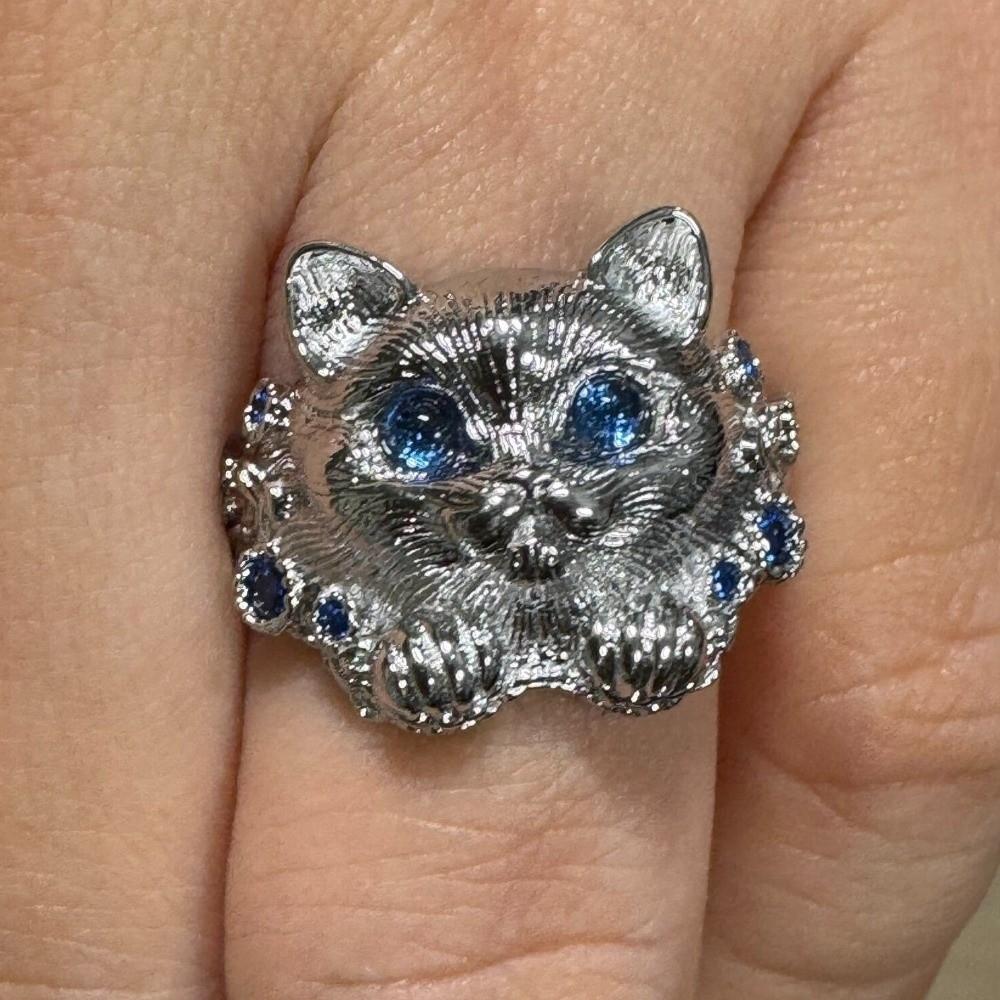 Metal Rhinestone Cat Ring Stackable Pet Animal Ring Exaggerated Fashion Jewelry Women