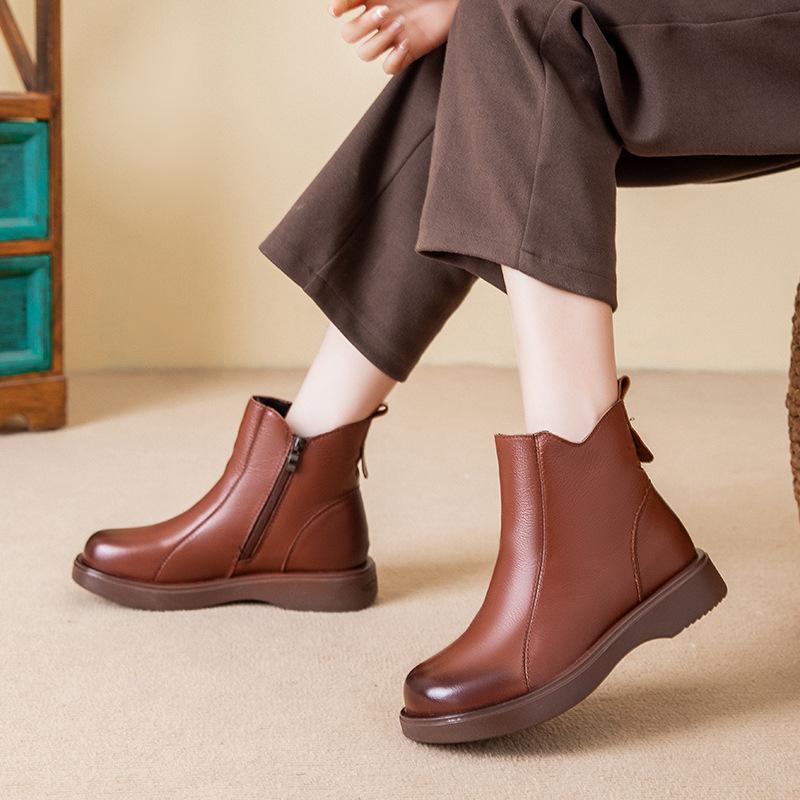 Genuine Leather Women Boots Winter Cow Leather Short Boots Female Plush Warm Warm Flats Ankle Boots Mother Shoes Woman WSH5241