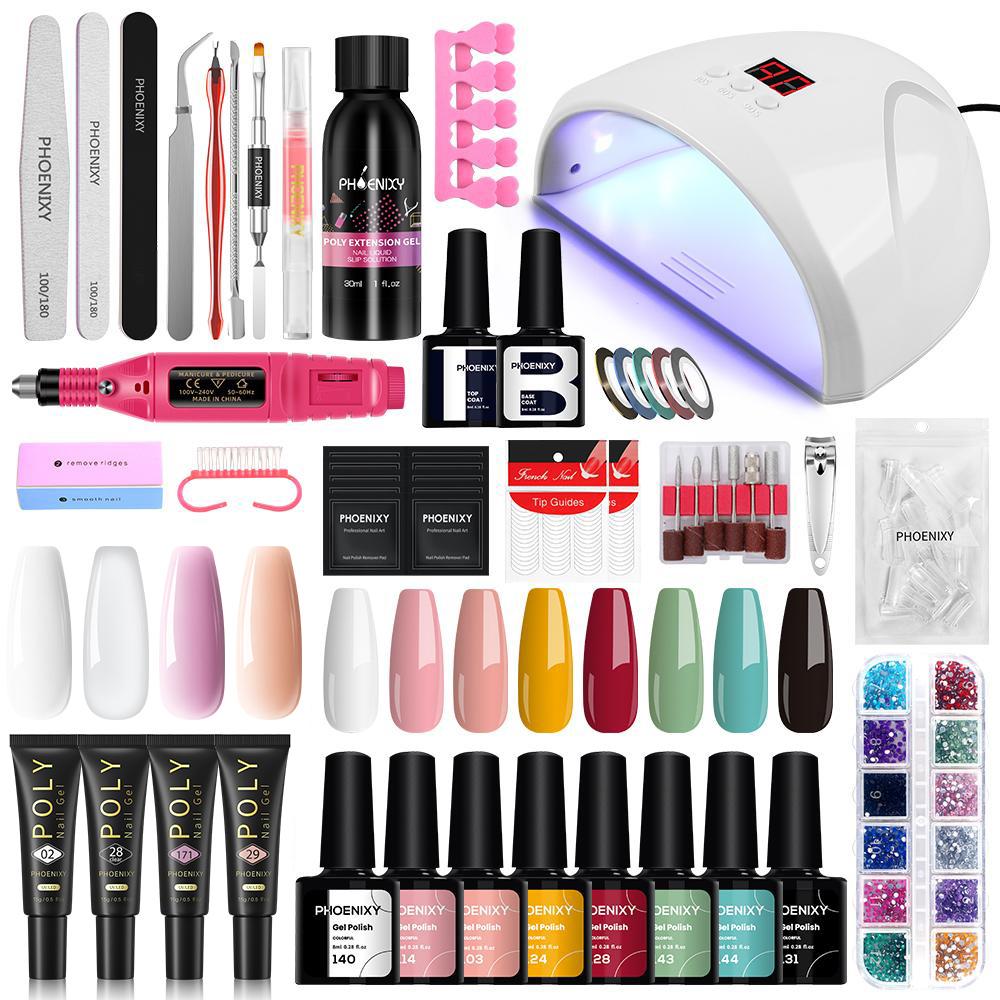 Маникюрный набор PHOENIXY с УФ-светодиодной лампой для ногтей 36 Вт, акриловый гель, полигель для ногтей, набор для наращивания ногтей, блестящий гель, УФ-строительный гель-лак