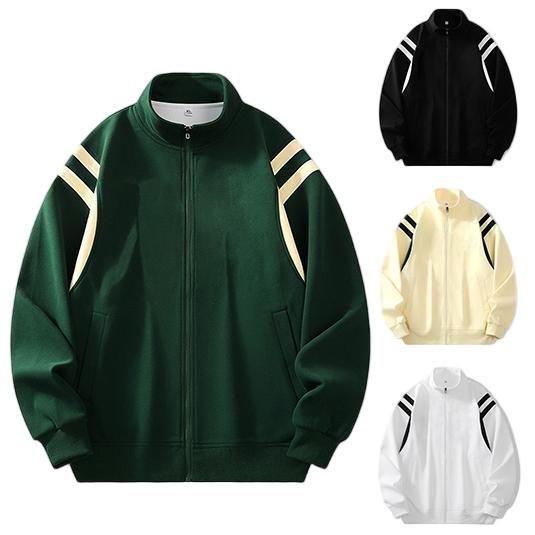 Men's New Casual Cardigan Hoodie Solid Color Striped Loose Jacket Stand Collar Zipper Top