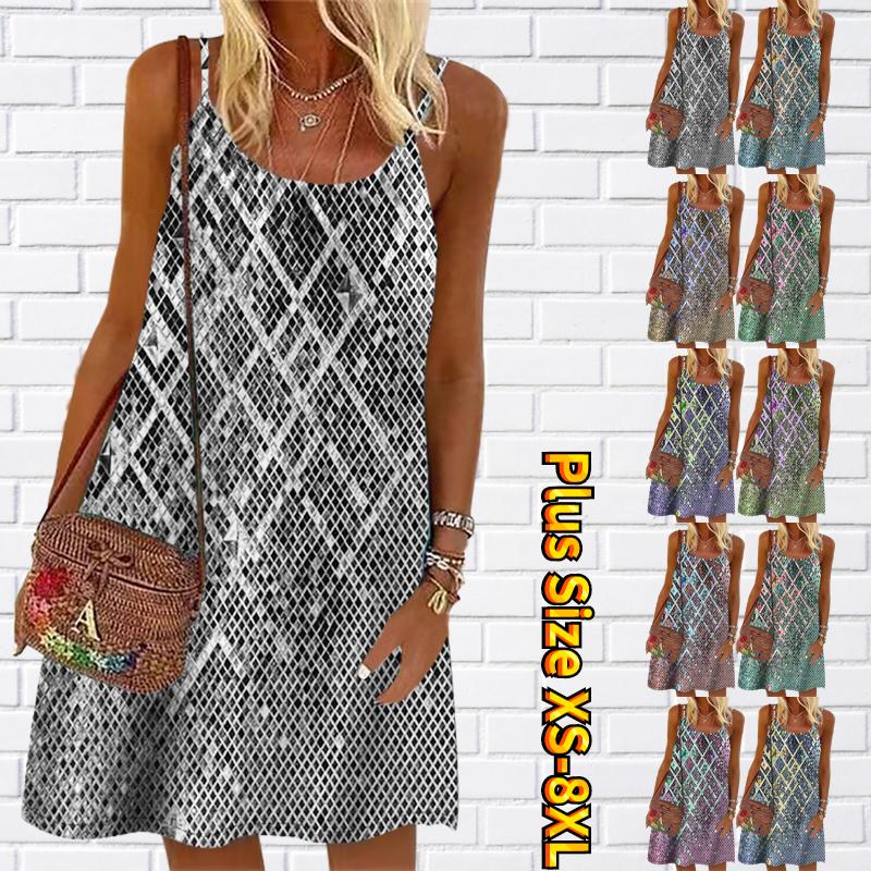 Women Flower Patterned Sequin Diamond Lattice Printed Mini Dress Sleeveless Party Dress Summer Beach Dress Sundress