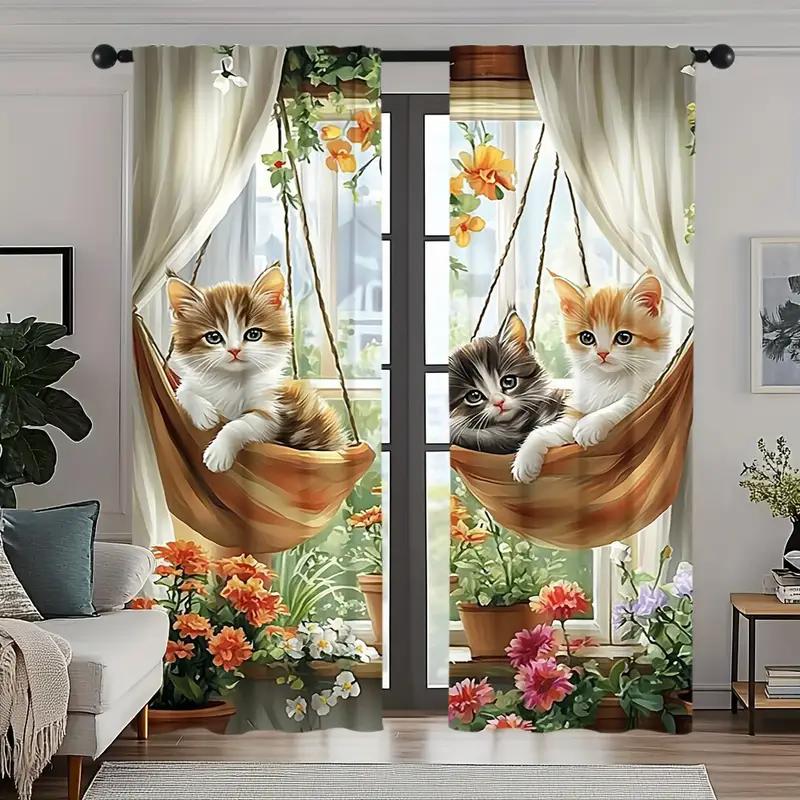 2 шт. - Очаровательные шторы с принтом кошек и цветов, шторы с кулиской, для спальни и гостиной, украшение дома, украшение комнаты