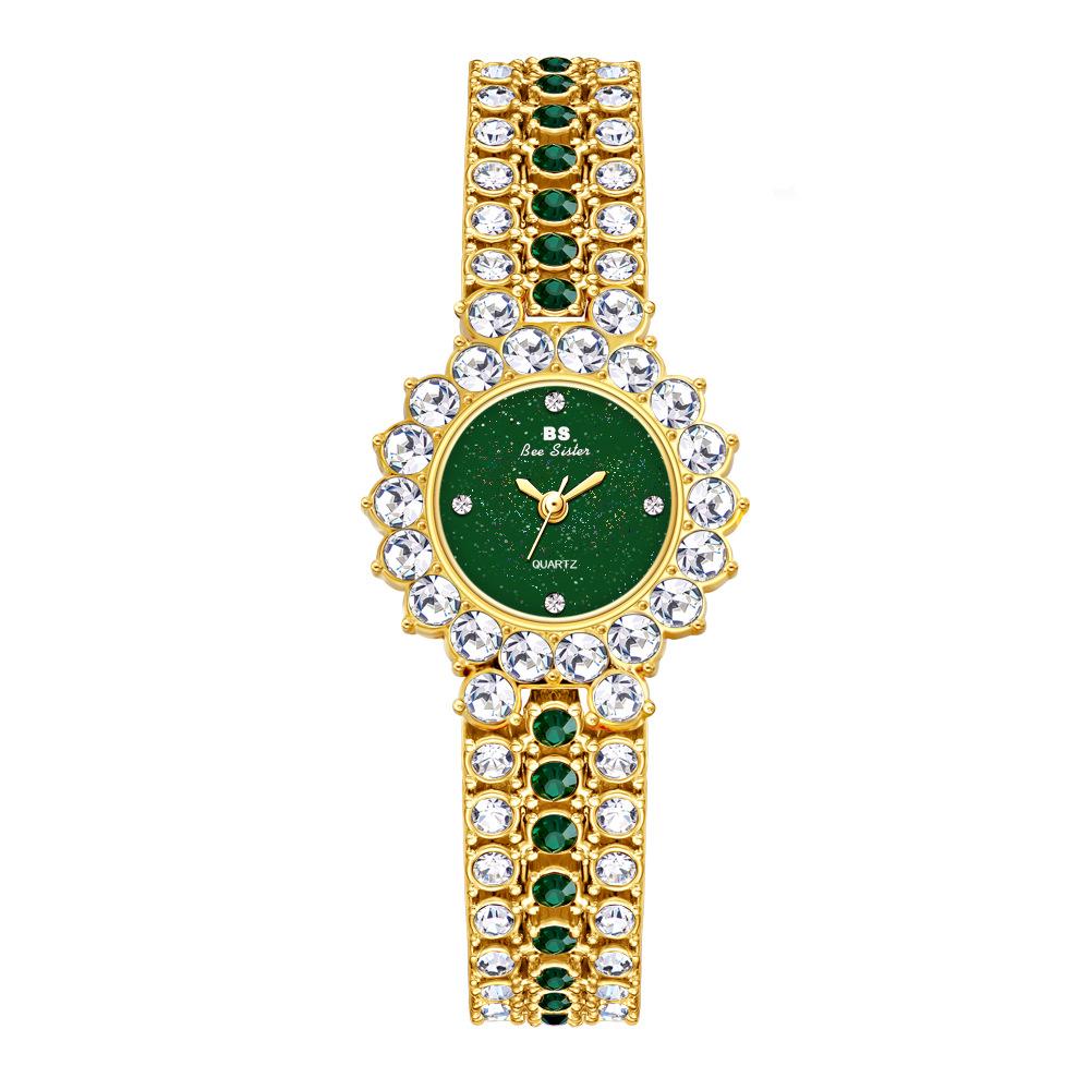 Luxury Women’s Watch New Gold Green Diamond Crystal Wristwatch Sparkly Elegant Dress Quartz Clock Luxury Gift for Ladies