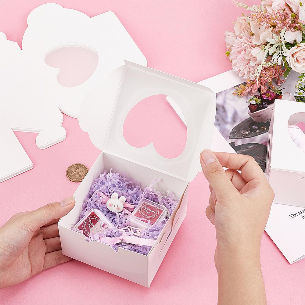 20pcs Square Kraft Paper Muffin Storage Gift Boxes Heart Visible Winbow Gift Packaging Case for Cake Packaging WhiteSmoke 10x10x6.5cm