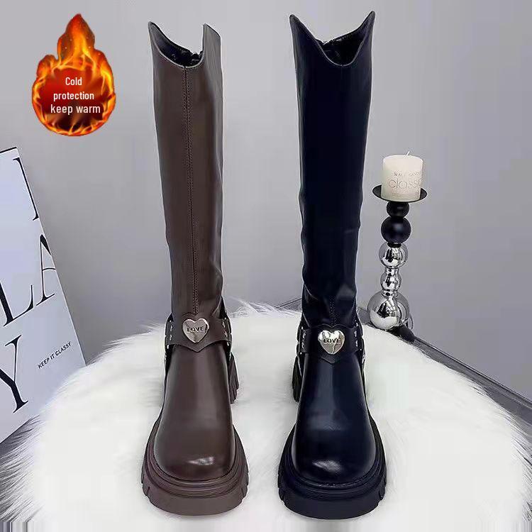 European Station Fleece-Lined Chunky Heel Cotton Knight Boots for Women – Autumn/Winter Korean British Style Slimming High Boots