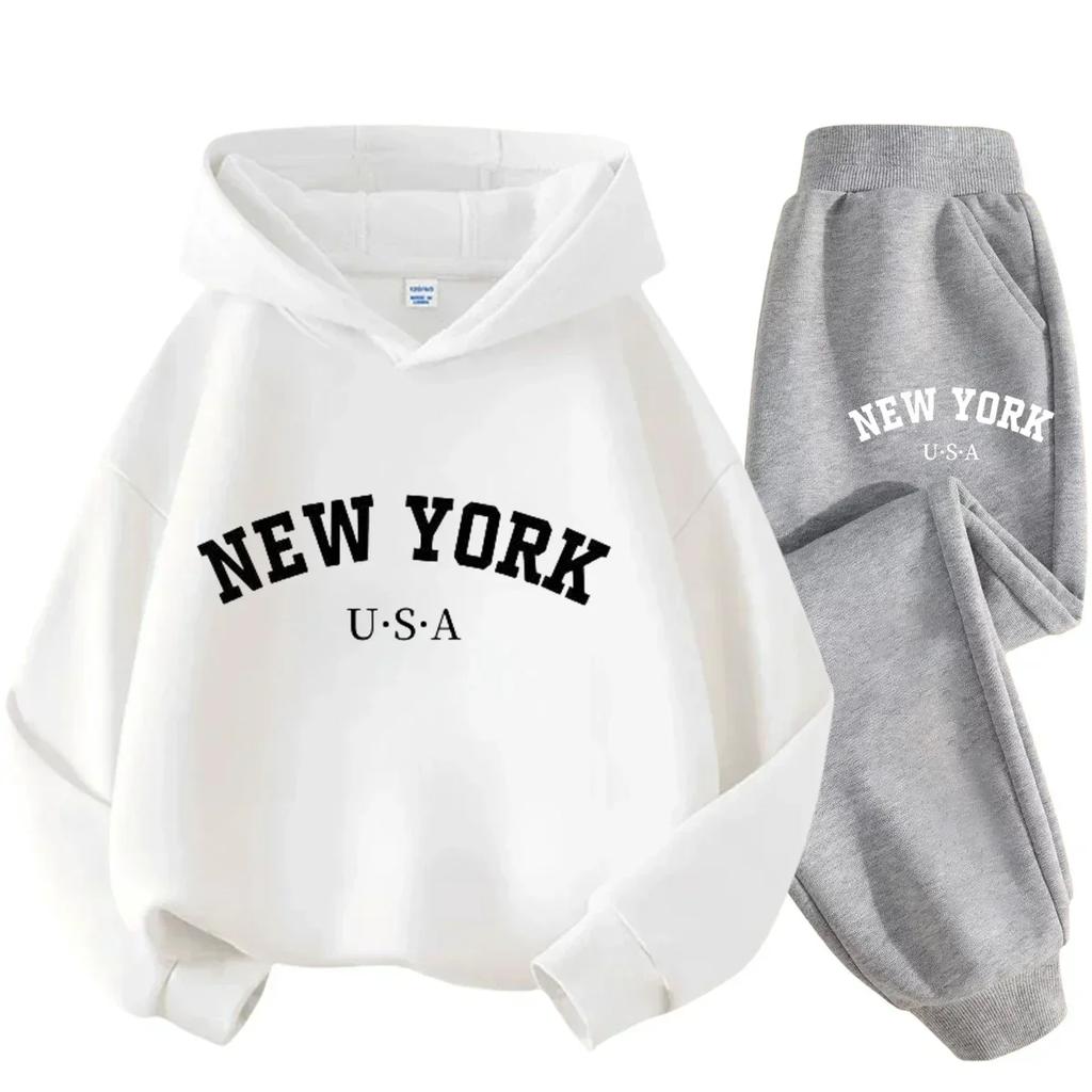 Frühling Herbst Outfits New York USA Buchstabendruck 2-teilig Hoodie+Hose Trainingsanzüge 3-13 Jahre Jungen Mädchen Streetwear Kinderkleidung