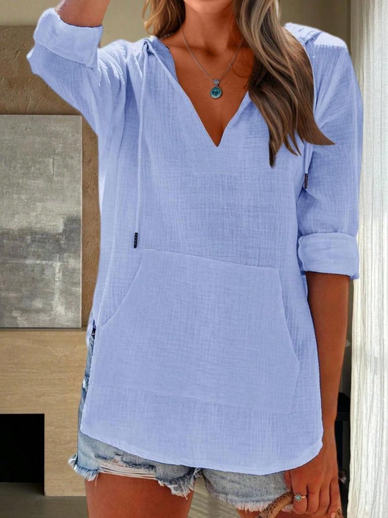 Women's Beach Cover Up Hoodie Long Sleeve V Neck Pocket Hooded Sweatshirt Top