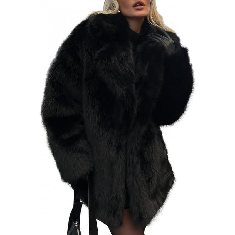 2026 Womens Mid-Length Faux Fox Fur Coat Blazer Collar Thick Warm Winter Outerwear