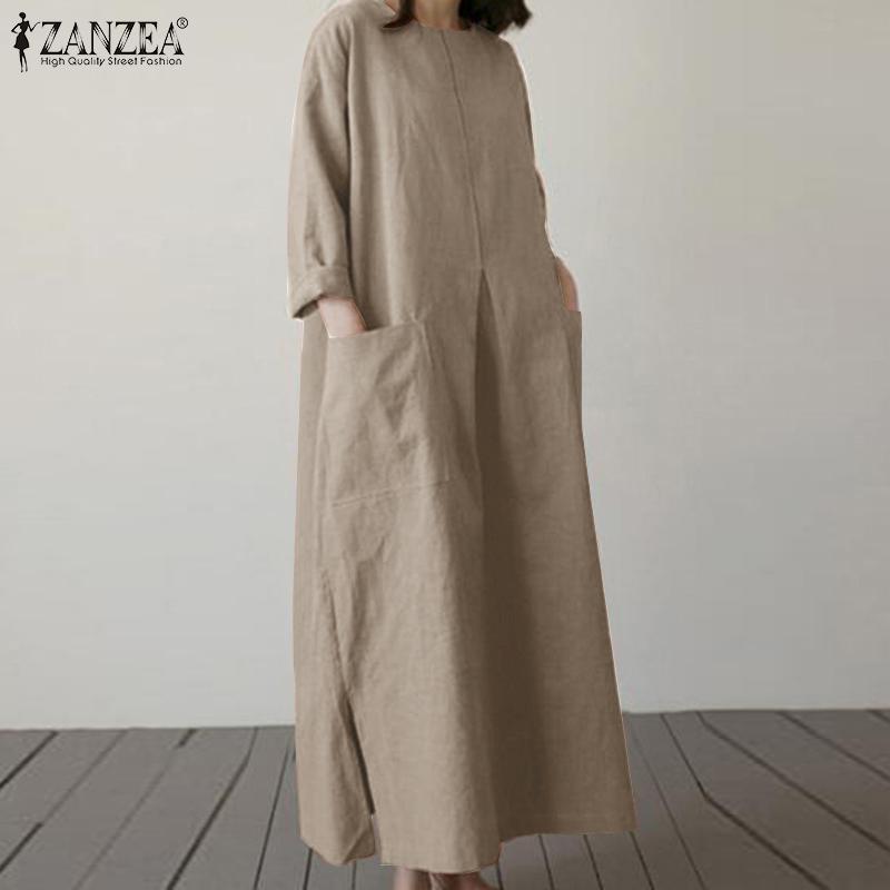 ZANZEA Женское повседневное хлопковое длинное платье с круглым вырезом и рукавами 3/4