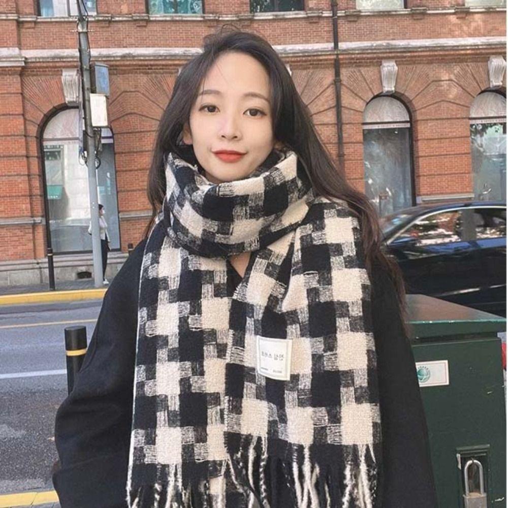 Cashmere Shawl Plaid Wool Scarf Plush Cape Wraps Retro Winter Cashmere Scarves  Girl