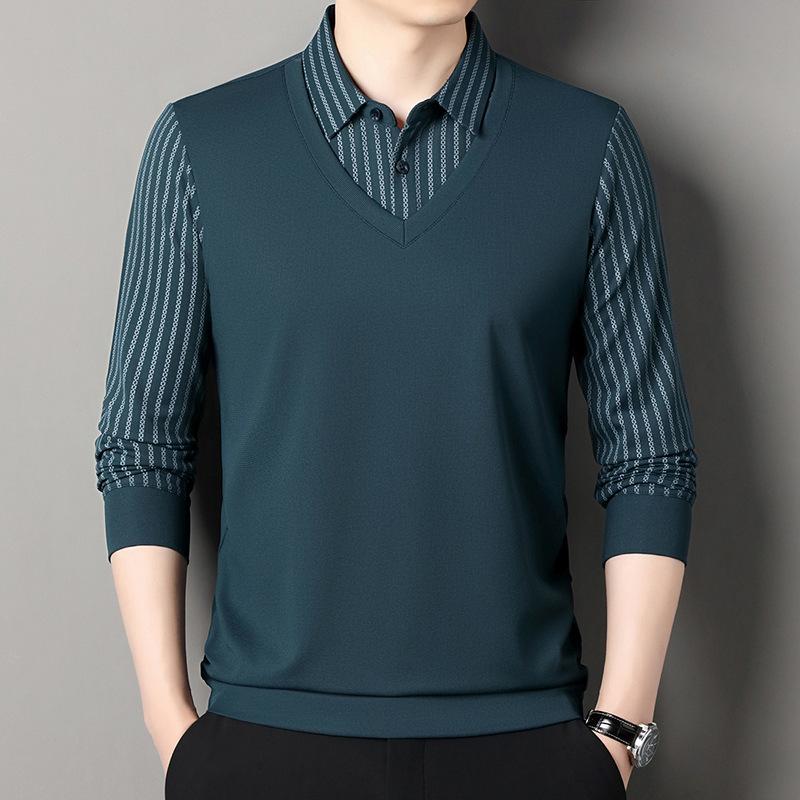 Поддельный двухсекционный трикотажный свитер, деловая повседневная футболка, свободная мужская рубашка-поло с длинными рукавами, базовая модель