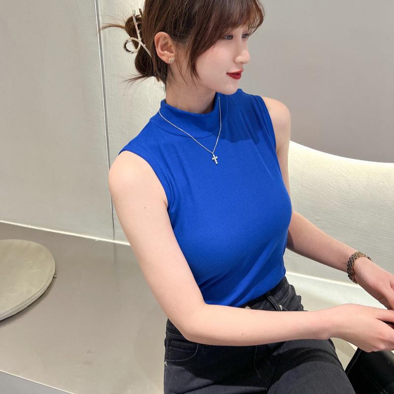 Женский облегающий хлопковый жилет без рукавов с полувысоким воротником - Летний топ однотонной расцветки