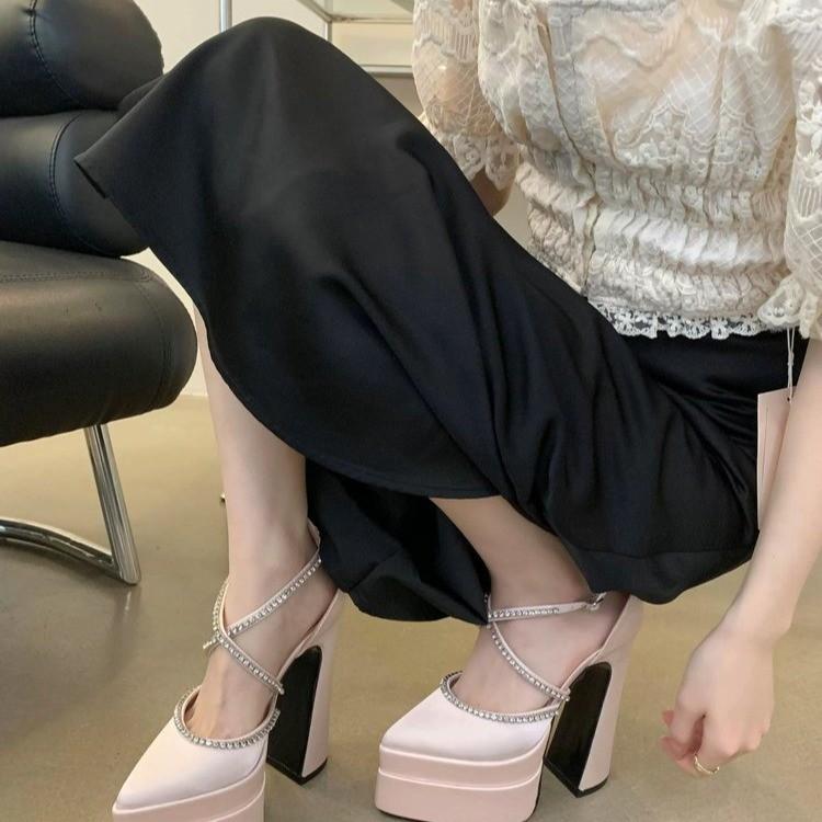 2025 весна и лето новая мода водная платформа толстый каблук ненавижу небоскребы острый носок шелк высокий каблук показ на подиуме женские туфли