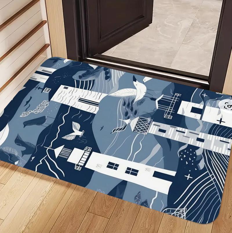 Blue White Check Crab Anchor Nautical Doormat Non Slip Wearproof Coastal Entry Rug Front Door Indoor Floor Mat