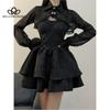Y2K Tight Waist Sling Slim-fit Tight Waist Double-layer Ruffled Black Dress Short Vertical Collar Long-sleeved Coat Suit