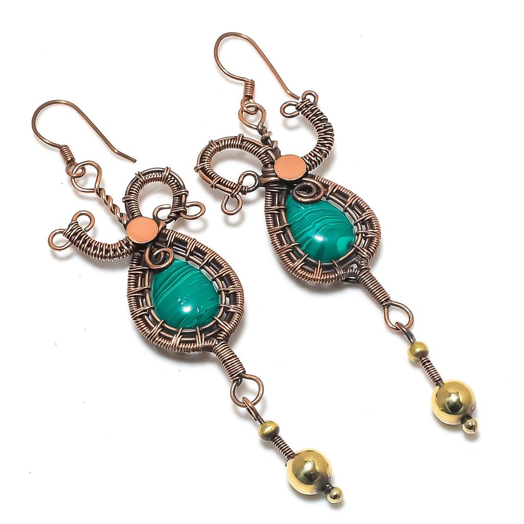 Серьги из малахита, украшения из меди 999 пробы с проволочной оплеткой, подарок для женщин, серьги ручной работы, украшения с драгоценными камнями