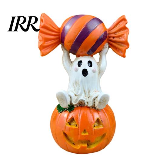 Cute Pumpkin Decor Halloween Ghost Figurine, Sitting on Holding Candy Fall Seasonal Accents Statue, Spooky Resin Table Ornament for Indoor Mantle
