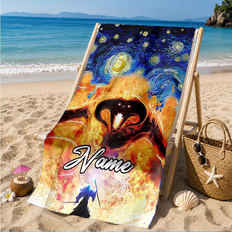 Custom Name Flame Sword: Lord Battle Heart In Space Adventure Microfiber Beach Towel, Lightweight for Summer Travel, Swimming Pool Fan Gift