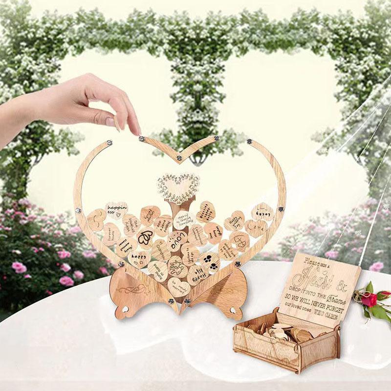 Heart Shaped Frame Wooden Love Signature Guest Book Rustic Drop Box With Heart Tags Wedding Birthday Party Props Desktop Decor