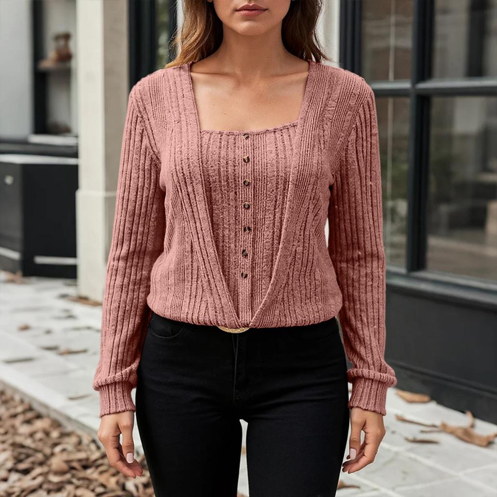 Women's Solid Color Button Top Slim Fit Long Sleeved T-shirt Top