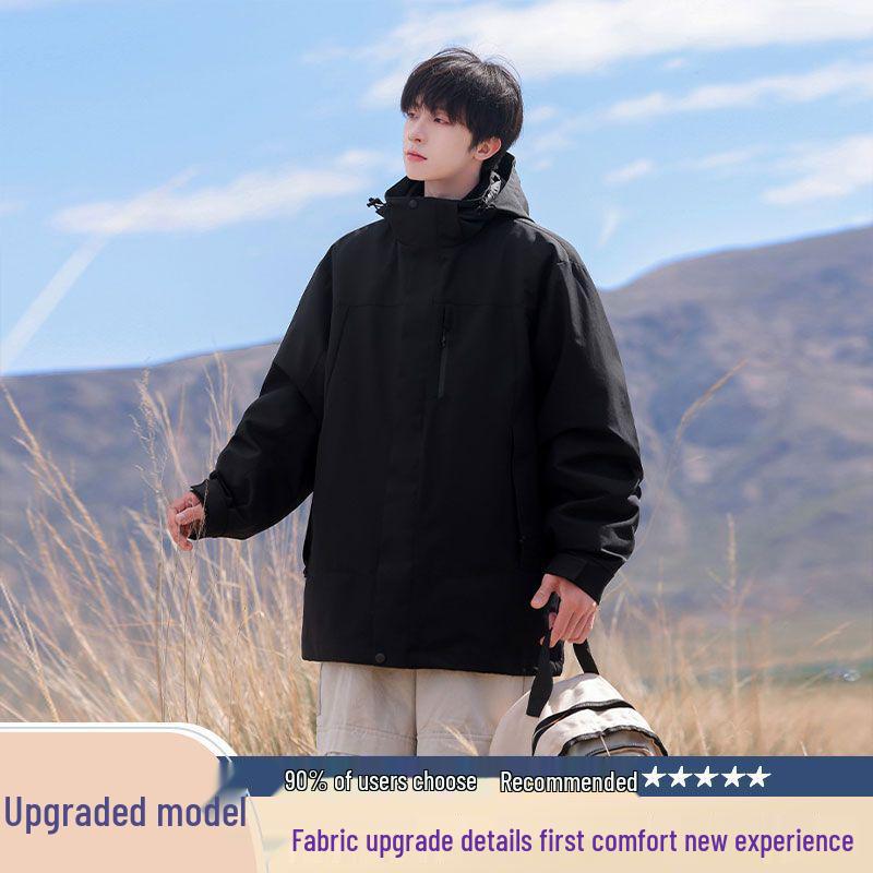 Men's Three-in-One Windproof Waterproof Hooded Mountaineering Jacket - Autumn/Winter Detachable with Plus Velvet
