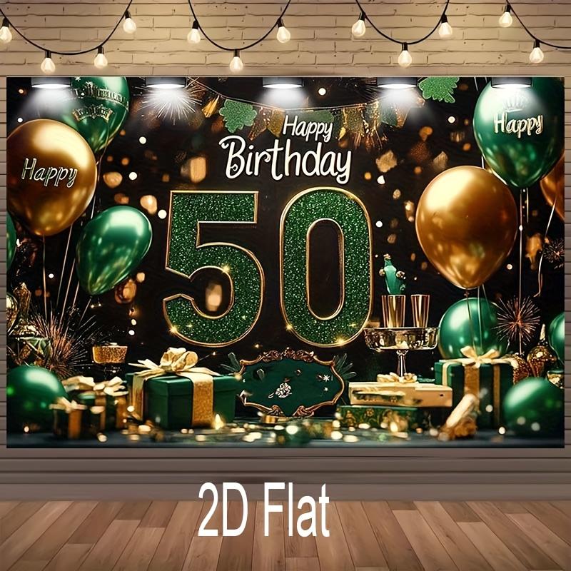 1pc 2D flat banner for 50th birthday Party banner decoration - Sparkling gold and green polyester background with balloons