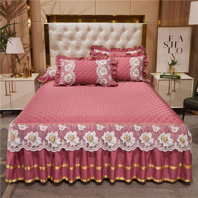 Хлопковая кружевная юбка в европейском стиле, противоскользящее покрывало Ximengsi, цельный толстый наматрасник, комплект из трех предметов