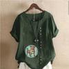 Women's Fashion Round Neck Short Sleeve T-shirt Casual Cotton Linen Graphic Shirt Cattle Prined Summer Blouse Tops Plus Size
