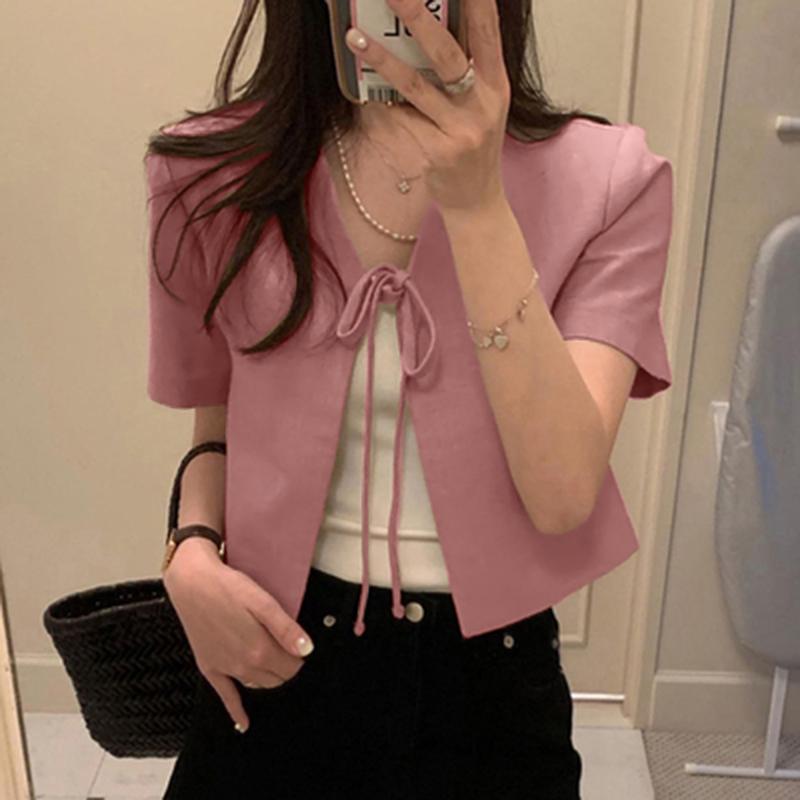 ZANZEA Женская повседневная блузка-кардиган с V-образным вырезом и коротким рукавом на шнуровке