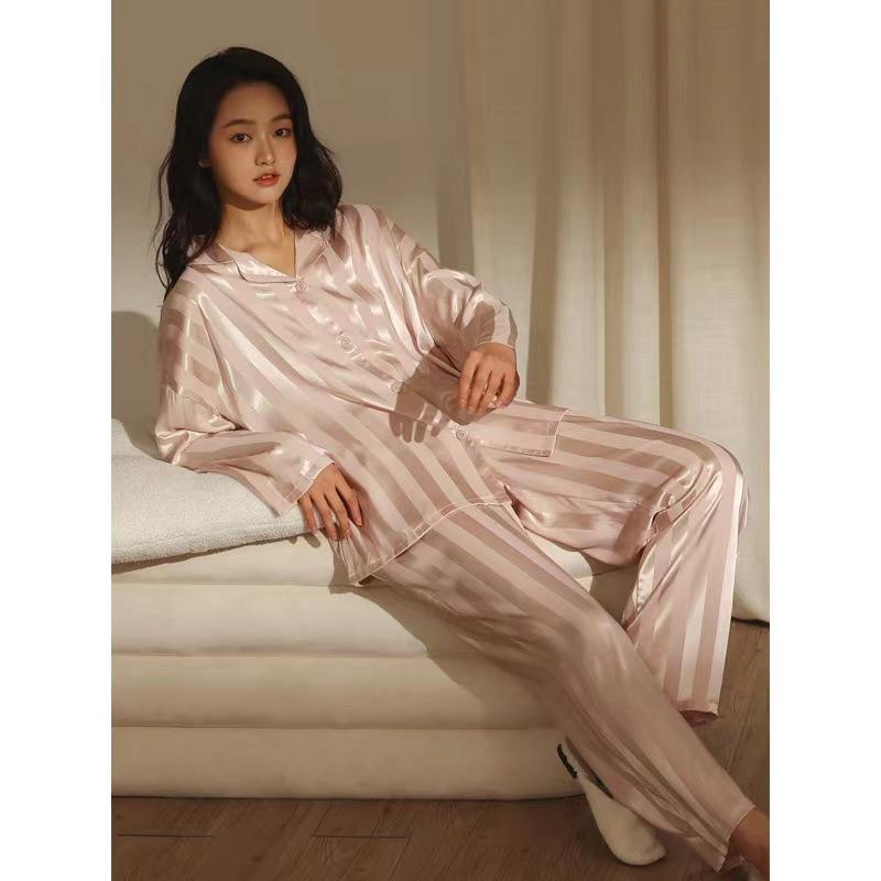 Женский комплект пижам из 2 предметов, пижама в атласную шелковую полоску, весна-осень, женский, с длинным рукавом, свободный, роскошный, пижама, женский домашний костюм