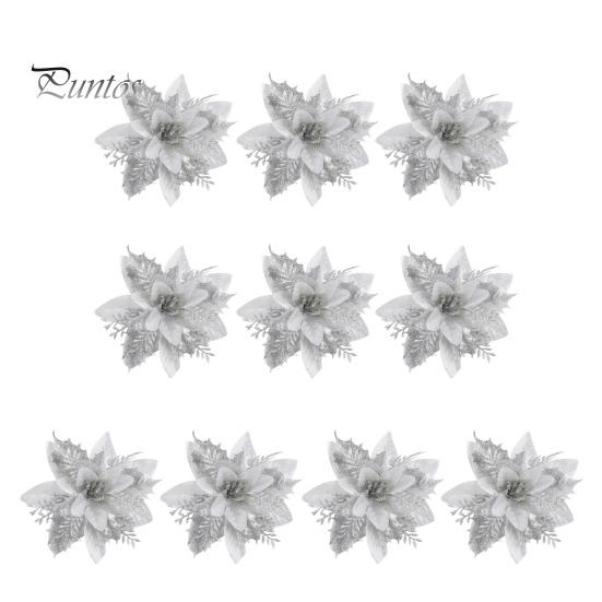 10Pcs/Set Christmas Artificial Flower Glitter Leaves Red Golden Silver-color Layered Xmas Tree Wreath Decoration Fake Flower Photo Props