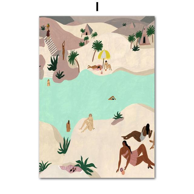 Абстрактный Марокко Пейзаж Бохо Бассейн Пляж Девушка Настенная живопись на холсте Плакаты и принты Настенные картины для декора гостиной Без рамки