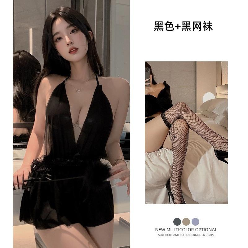 Sex underwear neck skirt European and American French nightgown dinner bar uniform mesh backless perspective nightclub dress