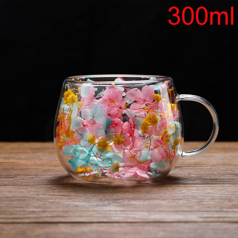 1 шт. Декоративная чашка для молочного чая с сушеными цветами 150/300 мл Двухслойная стеклянная чашка с сушеными цветами Термостойкая кофейная чашка
