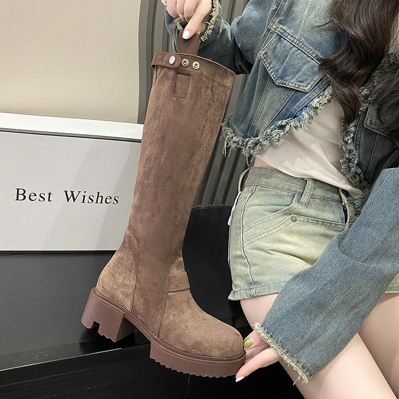 New Fashion Women Thick Soled Boots Suede Less Than Knee Length Thin Chivalrous Boots Versatile Thick Heeled High Knights Boots