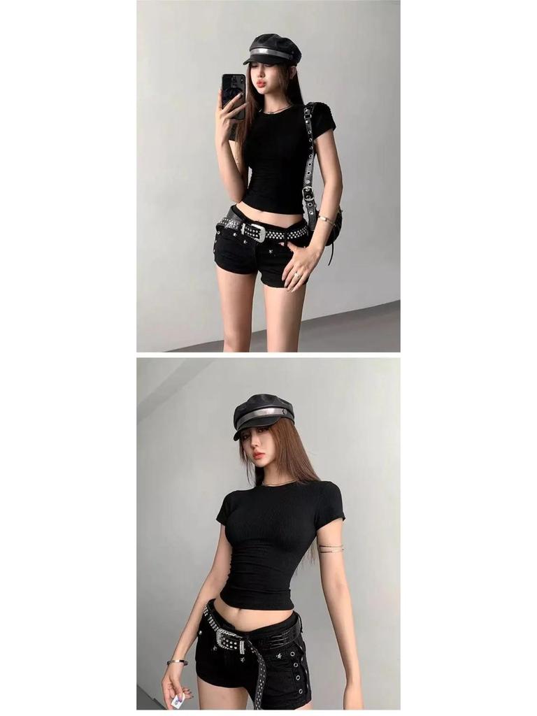 Женский укороченный топ в рубчик облегающего кроя - Летний эластичный с круглым вырезом и коротким рукавом