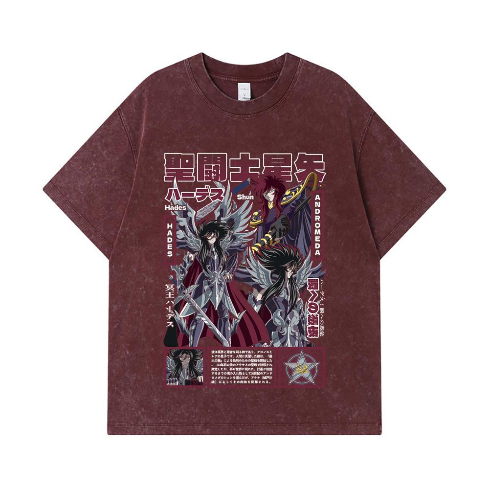 Стиранные футболки 275 г/м² 100% Хлопок Saint Seiya V4 Принт Аида Унисекс Тяжелая Хлопковая Футболка