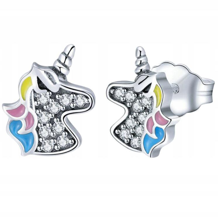 925 Unicorn Earrings, Box, Colorful Zircons, Rainbow