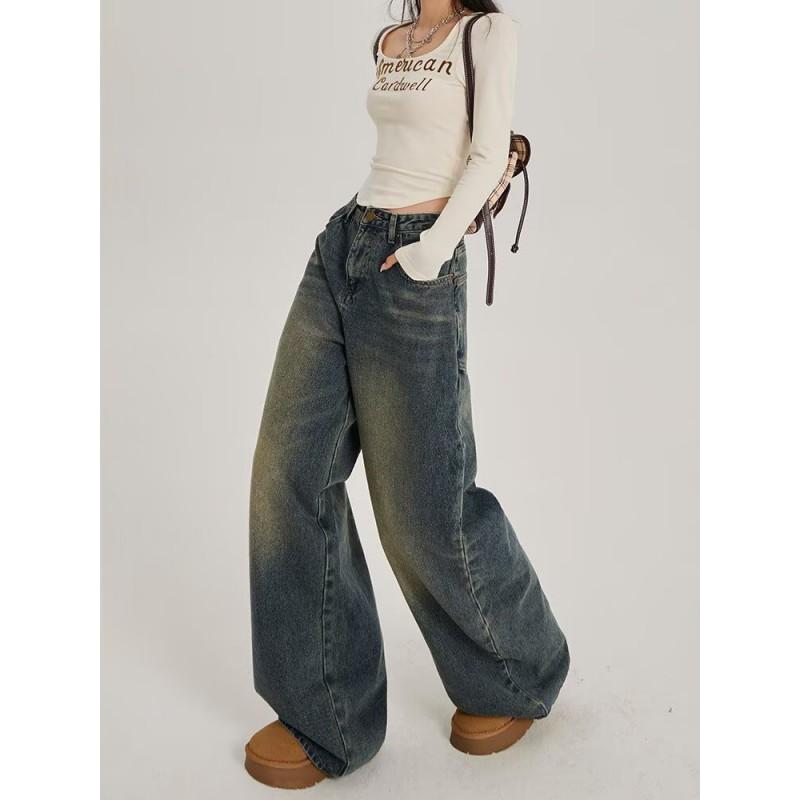 2026 High-Waisted Straight Cut Jeans Women Relaxed Fit Retro Wash Lightweight Denim Trousers