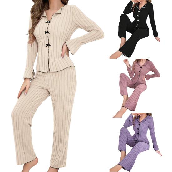 Women's Pajama Set Long Sleeve Top And Wide Leg Long Pants Lounge Set Casual Slim 2 Piece Pjs Sleepwear