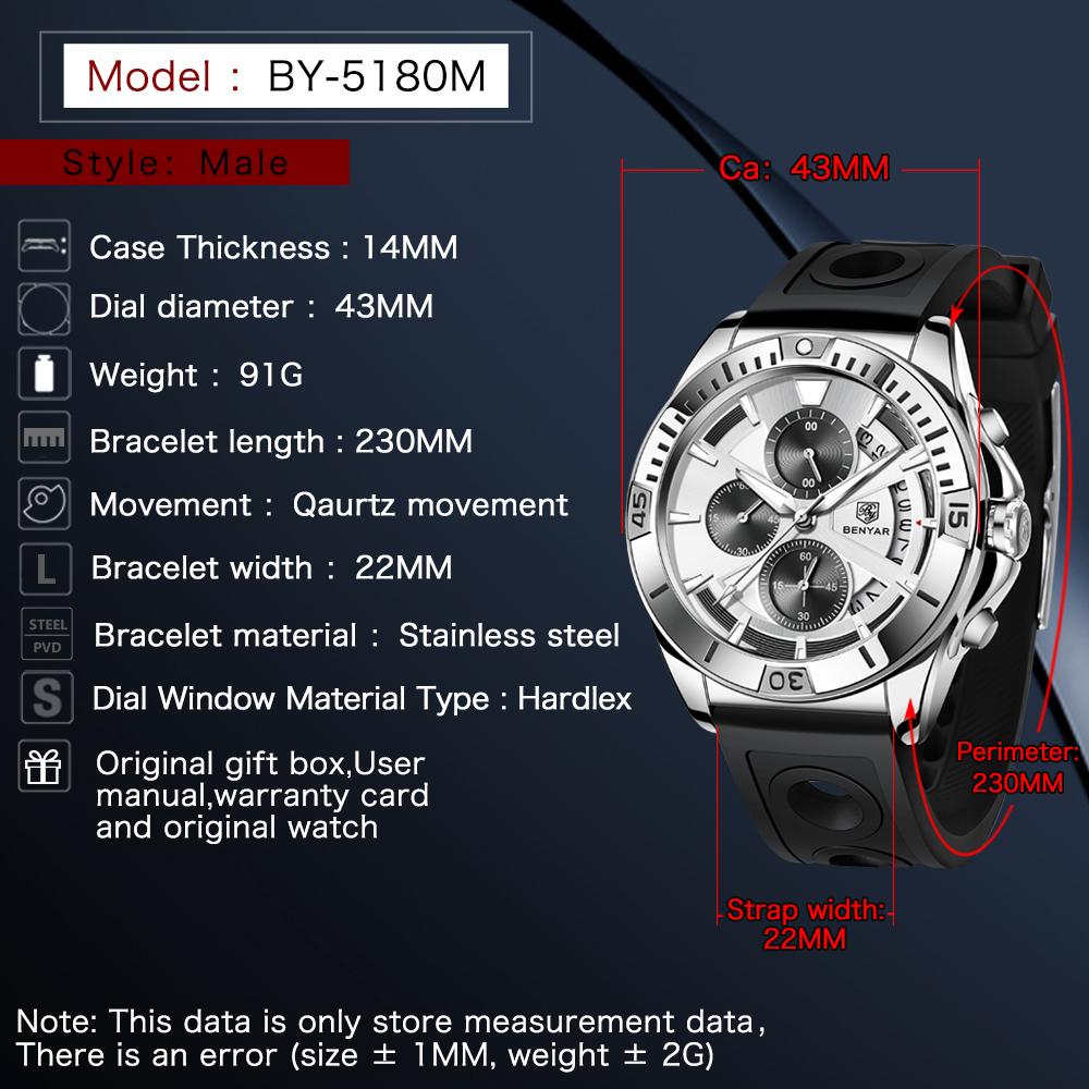 BENYAR Watches Mens Top Brand Luxury Clock Casual Phase Men Watch Sport Waterproof Quartz Chronograph