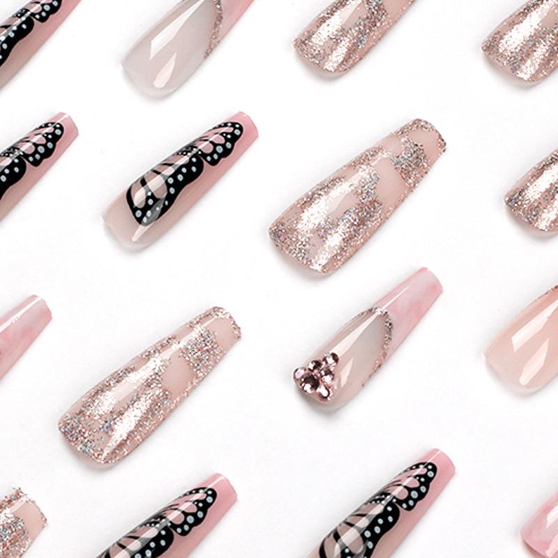 Wear nail art naked powder long ballet rhinestone butterfly fake nail gold foil glitter false nail cross-border direct supply