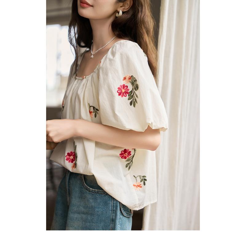 Mishow Женская блузка 2023, летняя новая корейская стильная вышивка с квадратным воротником и пышными рукавами, повседневный топ с цветочным принтом MXC38X0092