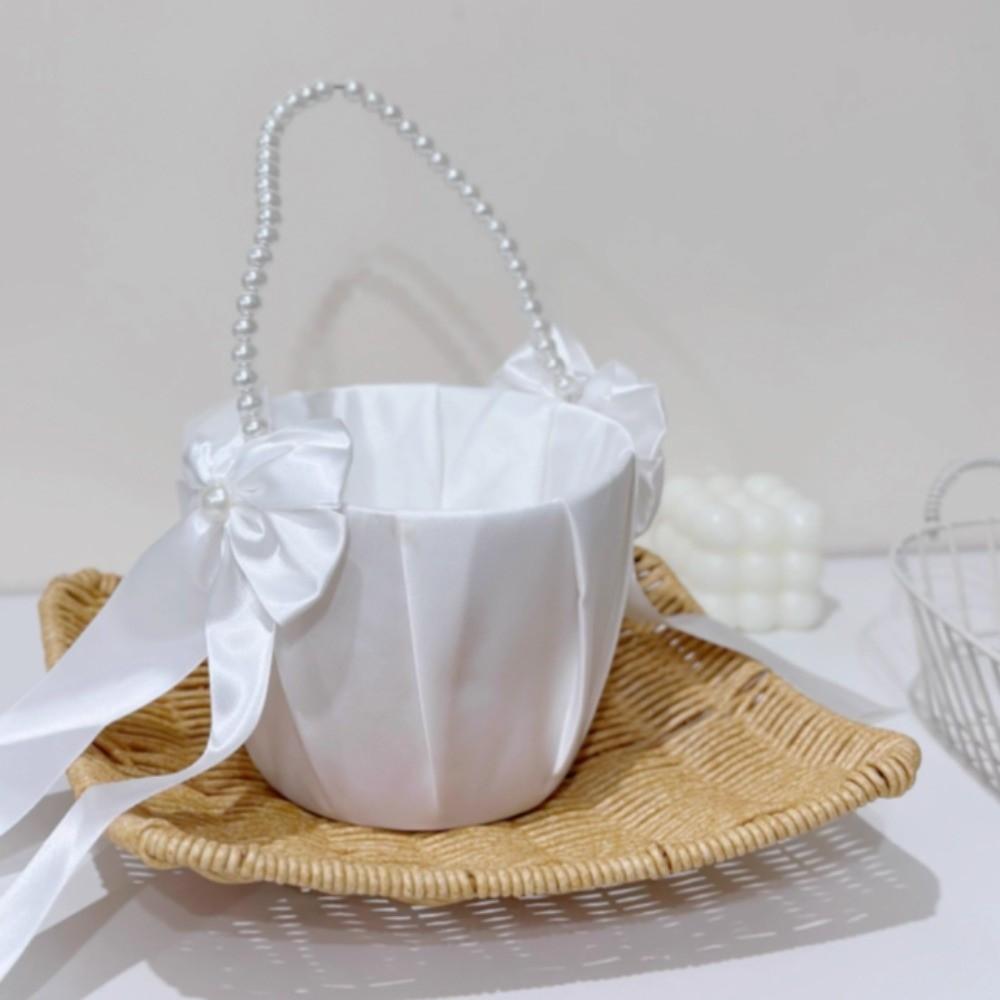 Satin White Wedding Flower Basket Rustic Bowknot Flower Girl Basket Floral Petals