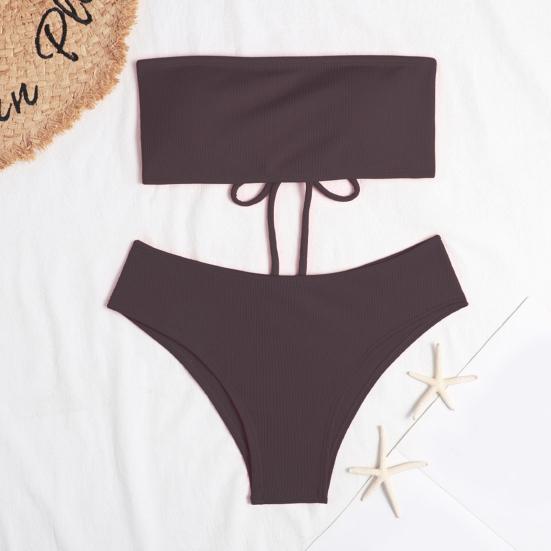 2Pcs/Set Back Lace-up Solid Color Bikini Set Two Pieces Bandeau Bra