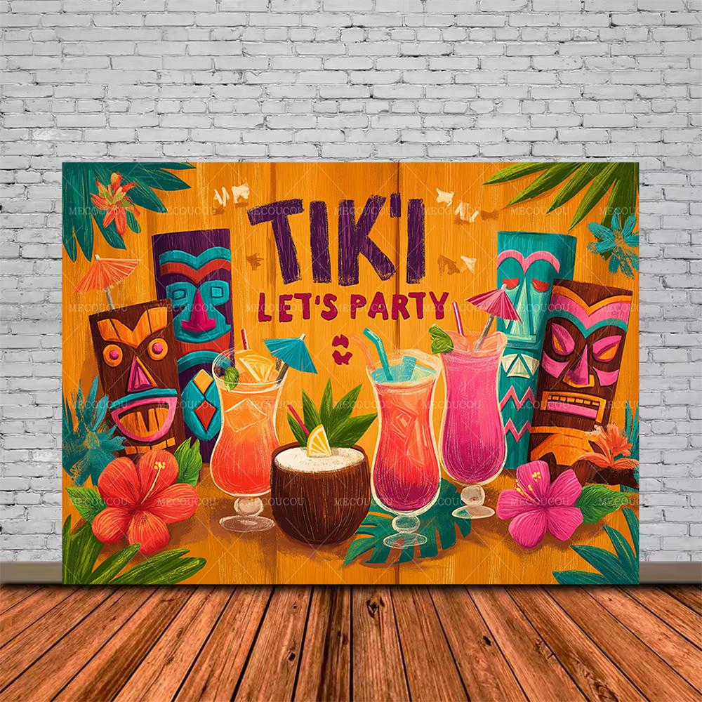 Tropical Tiki Bar Photography Backdrop Flower Totem Banner Hawaii Seaside View Background Baby Shower Kids Birthday Party Decor