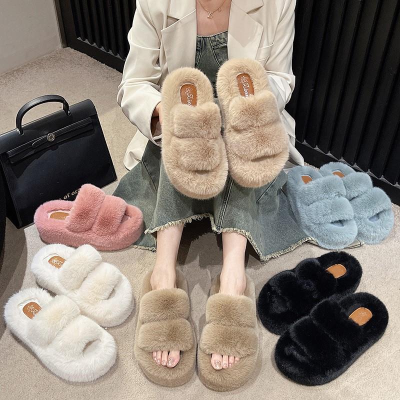 Fashion New Autumn and Winter Platform Thick Bottom Fluffy Slippers Women Wear Flat Warm Cotton Slippers P774